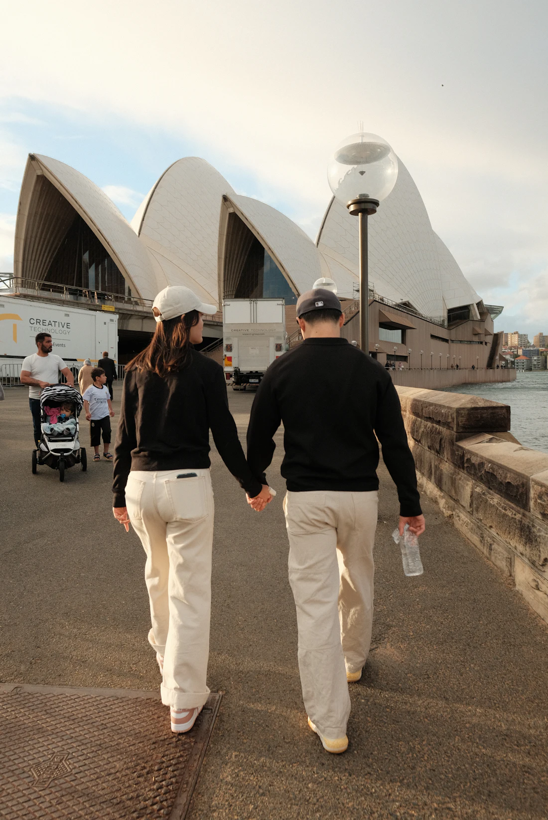 A retired couple walking together
