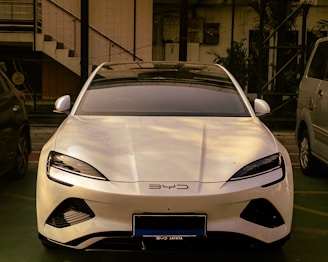 A white sports car parked in a parking lot