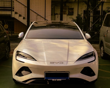 A white sports car parked in a parking lot