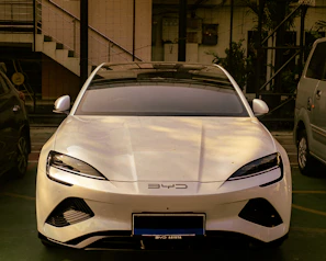 A white sports car parked in a parking lot