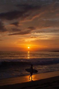 A person walking on a beach with a surfboard