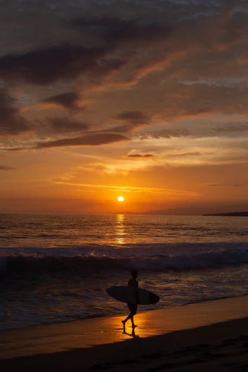A person walking on a beach with a surfboard
