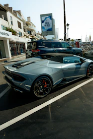 A silver sports car parked in a parking lot