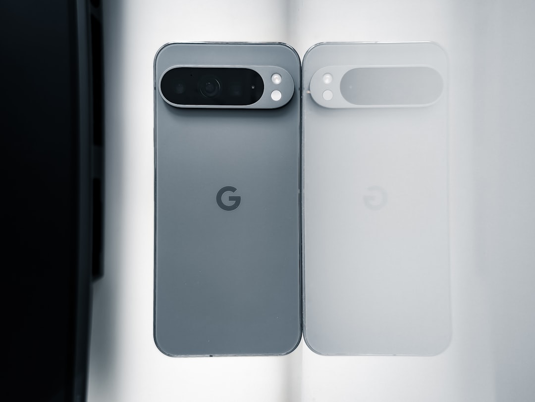 Minimalist graphic showing two distinct smartphones with glowing AI cores, representing different AI approaches, on a clean, abstract background,