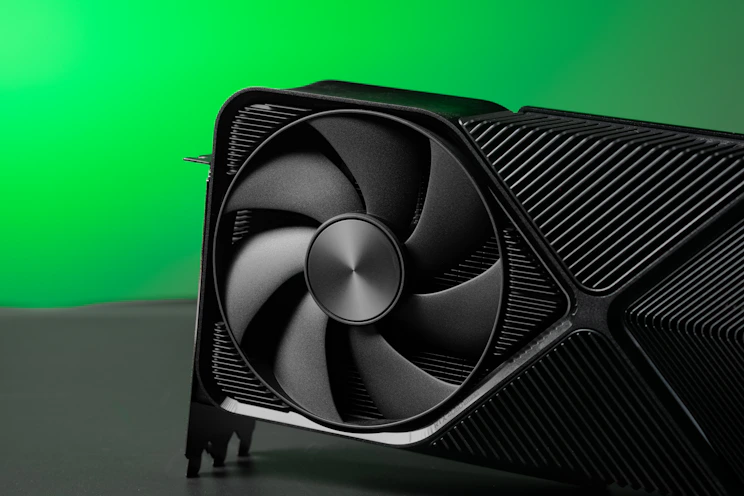 A close up of a computer fan on a table