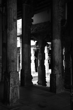 A black and white photo of pillars in a building