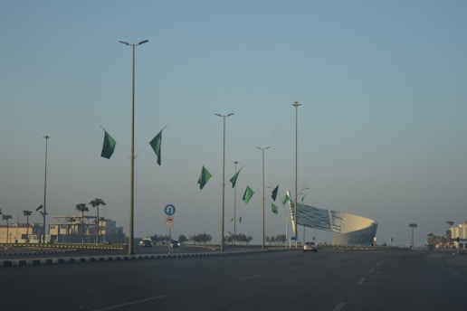 A view of a street with a lot of green flags