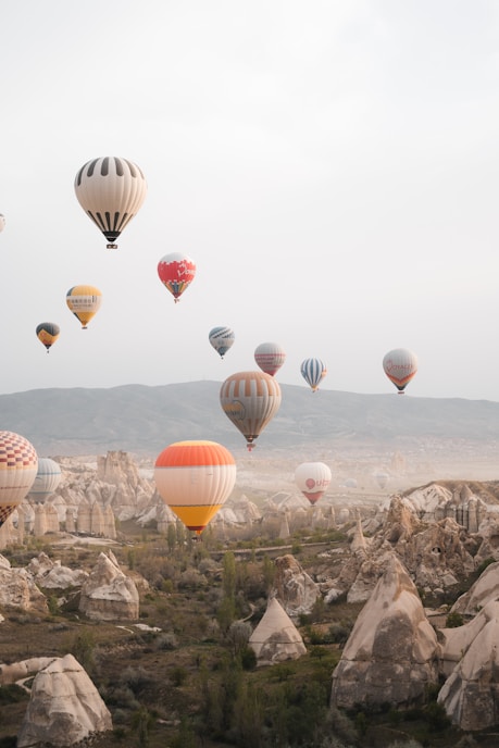 A bunch of hot air balloons flying in the sky