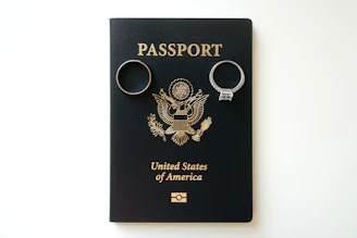A passport with two key chains attached to it