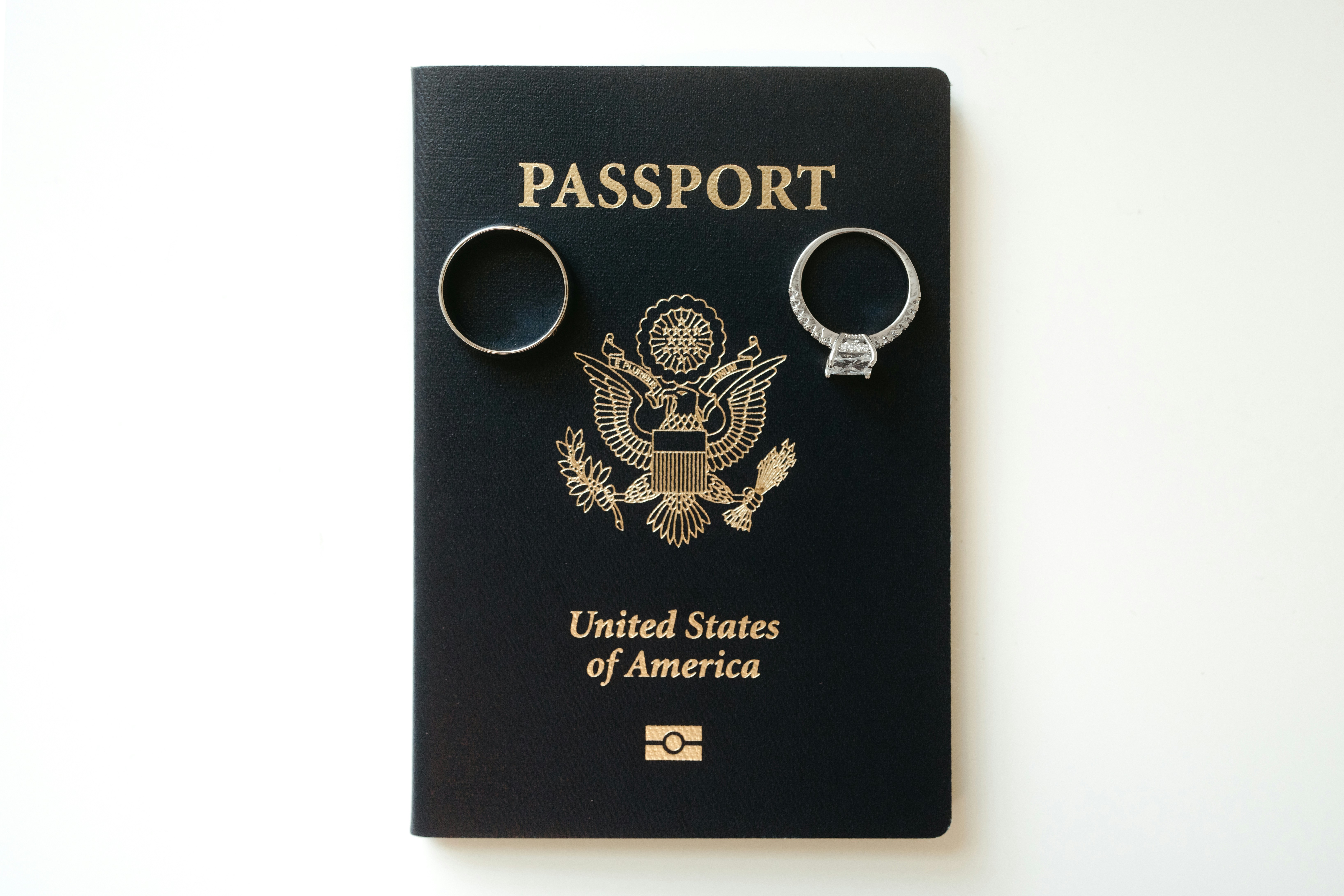 Wedding rings on a U.S. passport, illustrating the identity and civil-status documents many spouse visa applications begin with.
