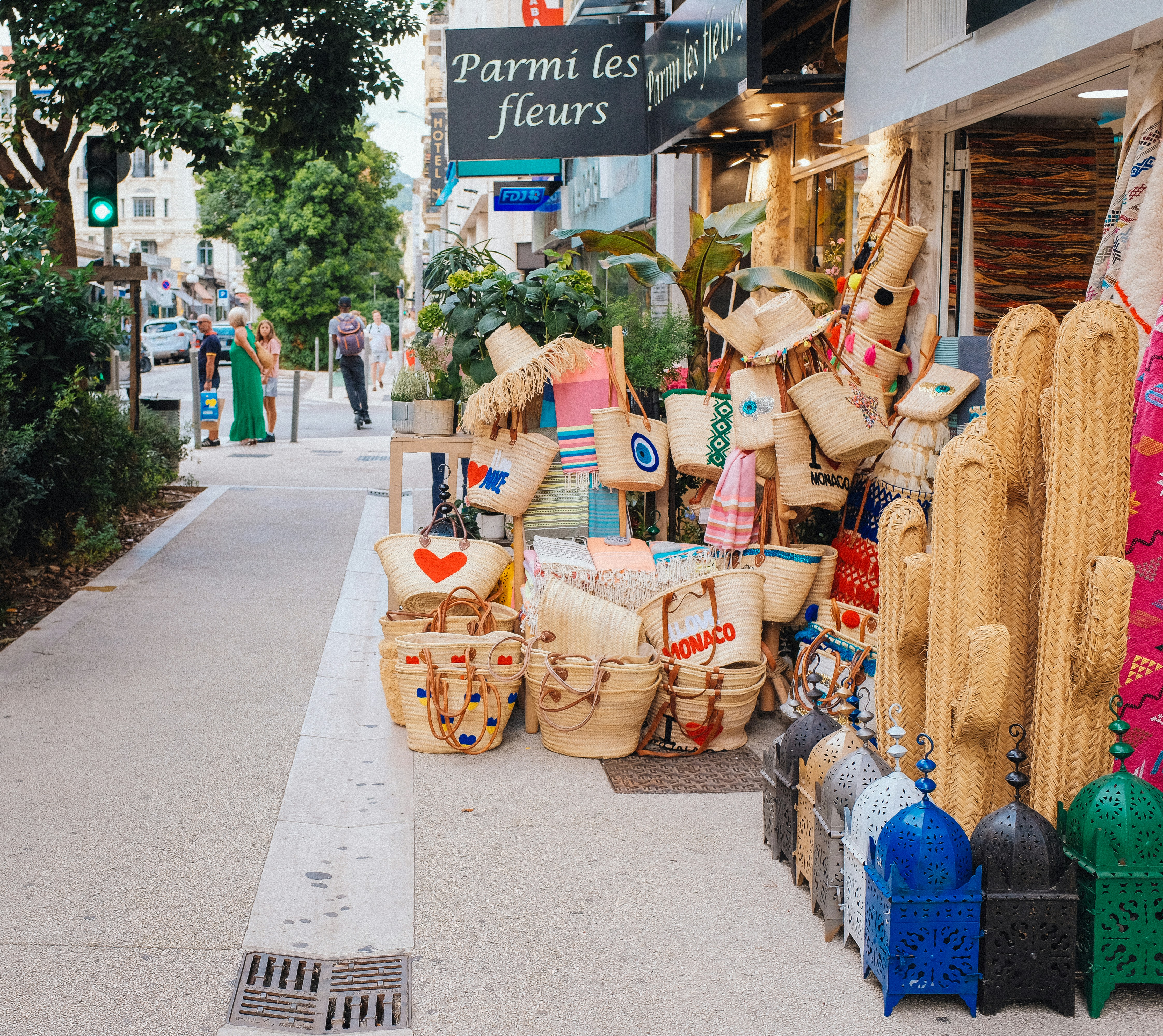 A street with a bunch of bags and bags on the side of the road