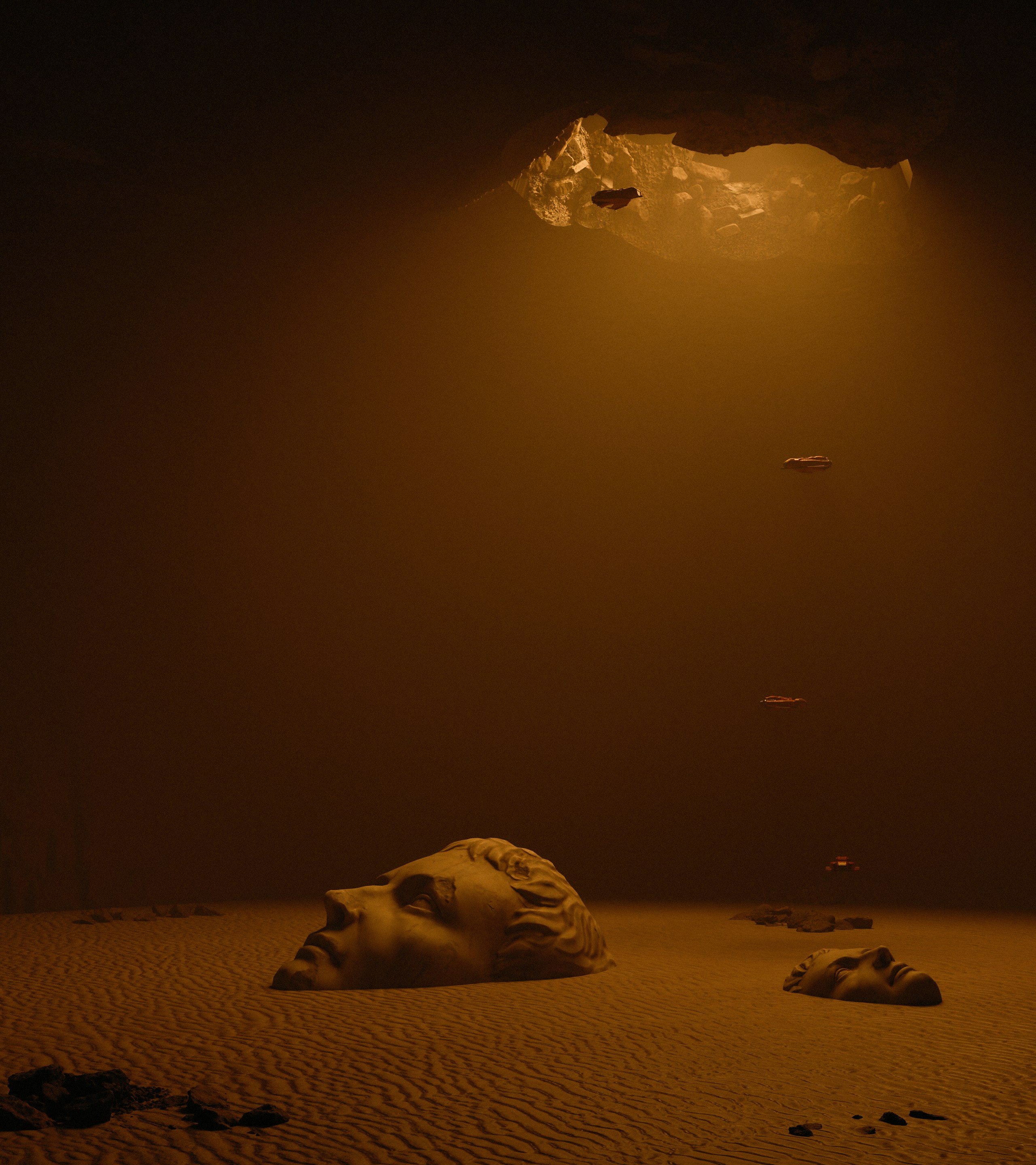 A snow covered field with a light shining on it