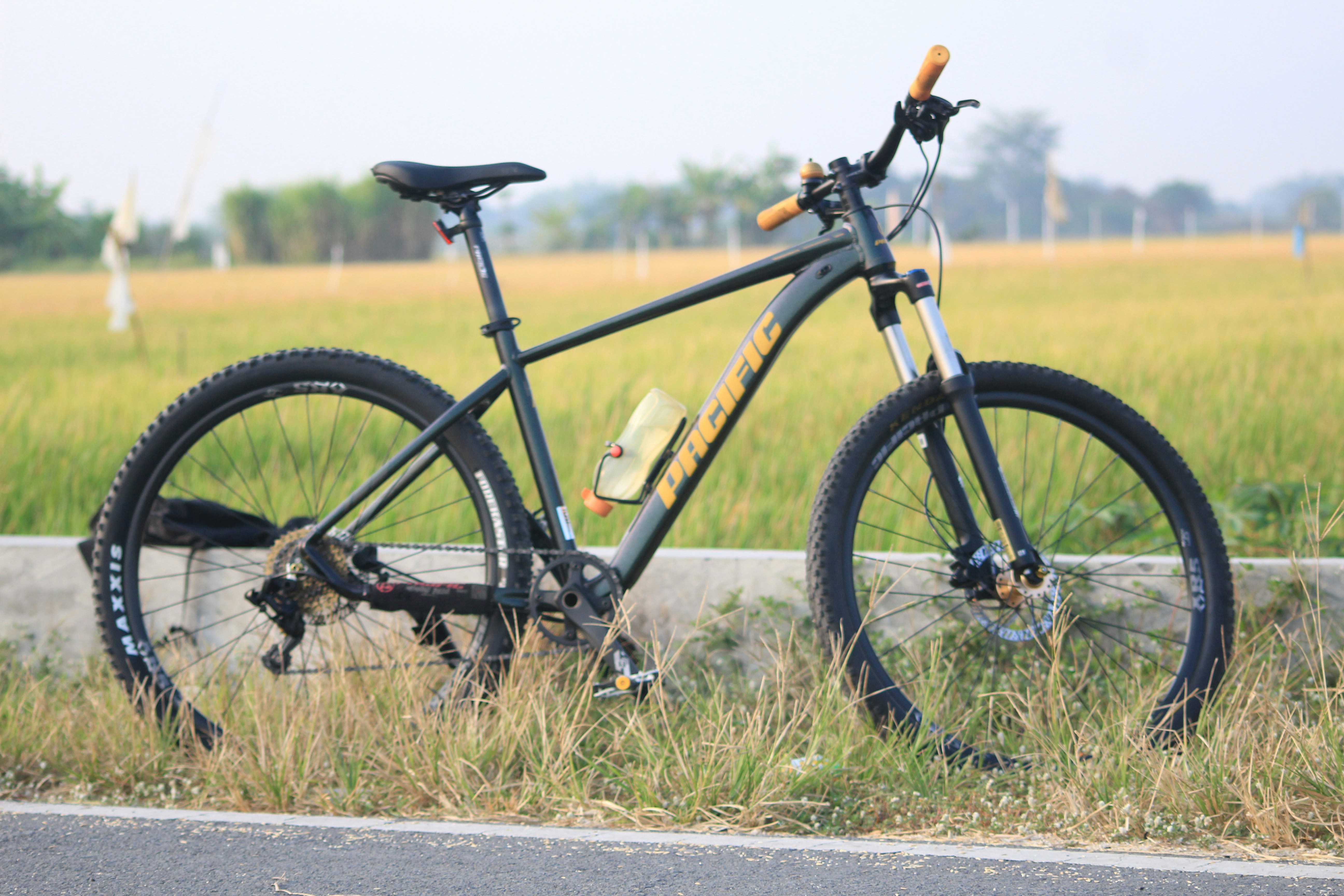 A bike parked on the side of the road