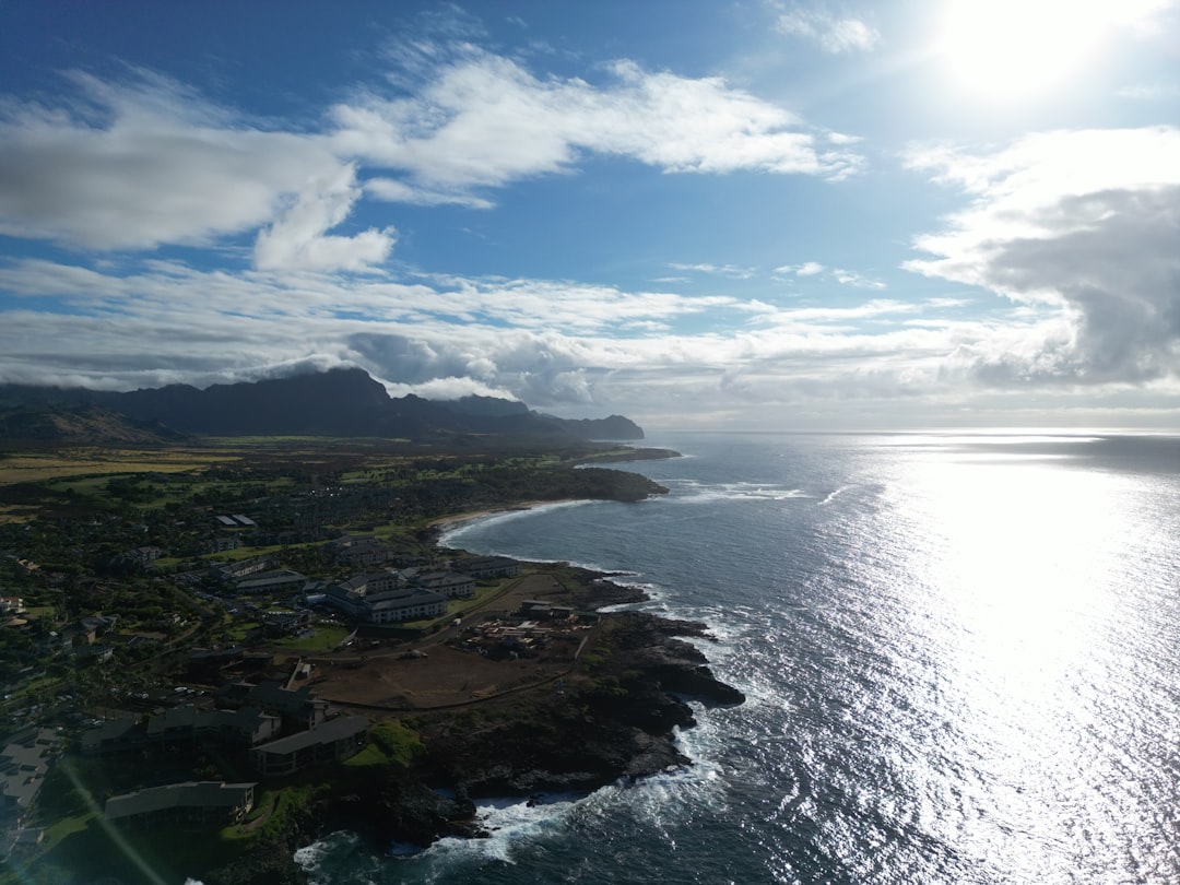 An aerial view of the ocean and a city,