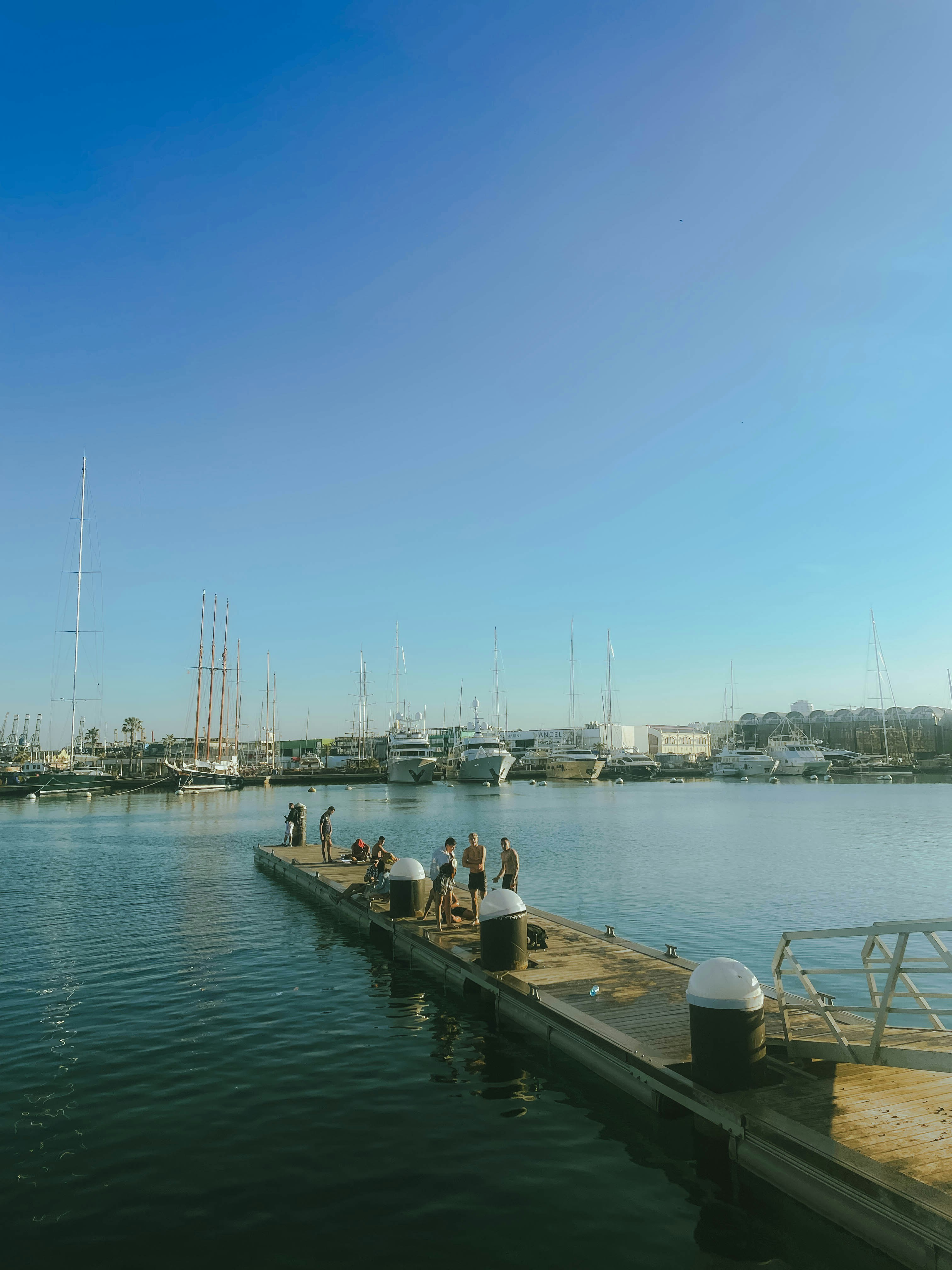 A group of people standing on a dock next to a body of water