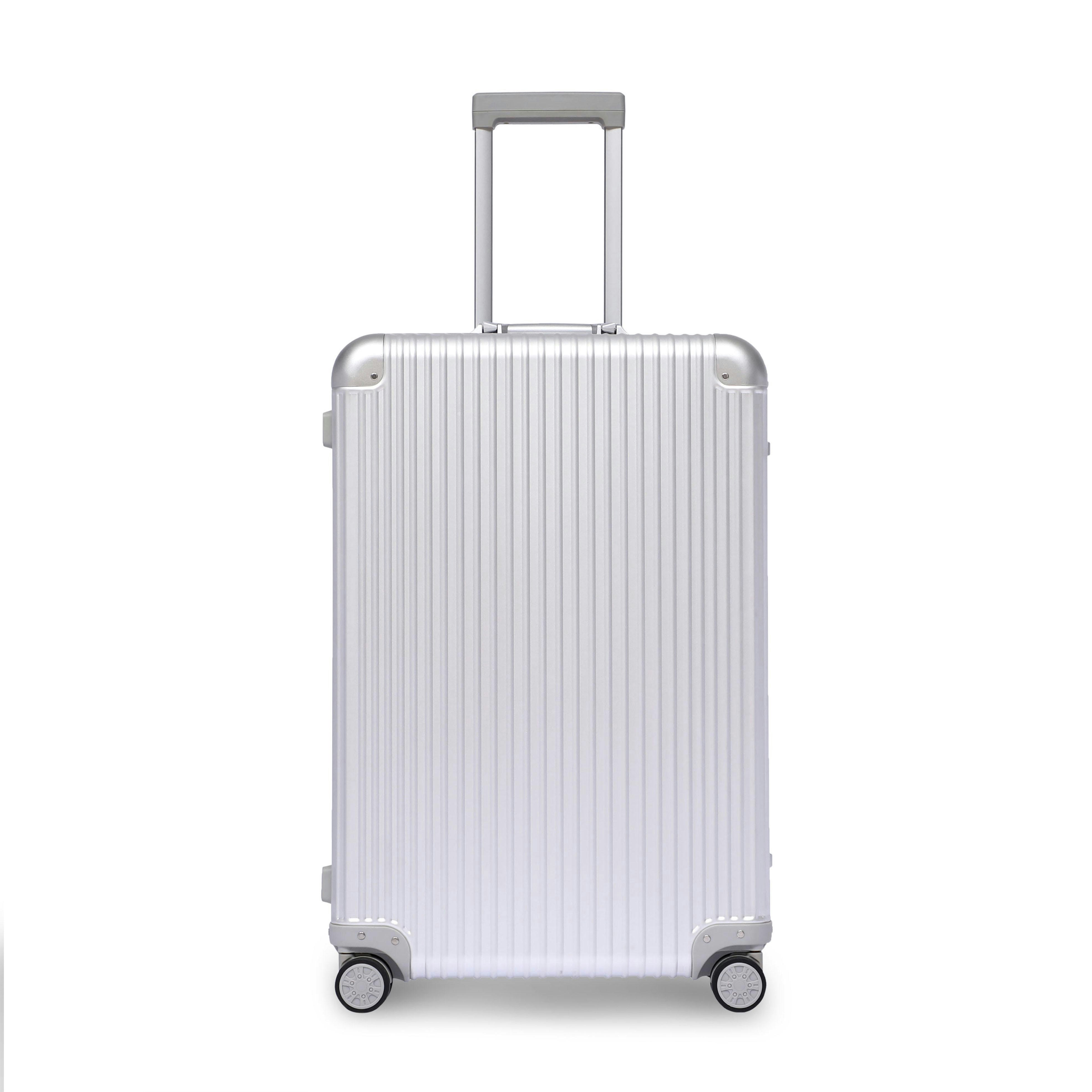 Sleek purple hard-shell rolling suitcase upright on a clean bright white background