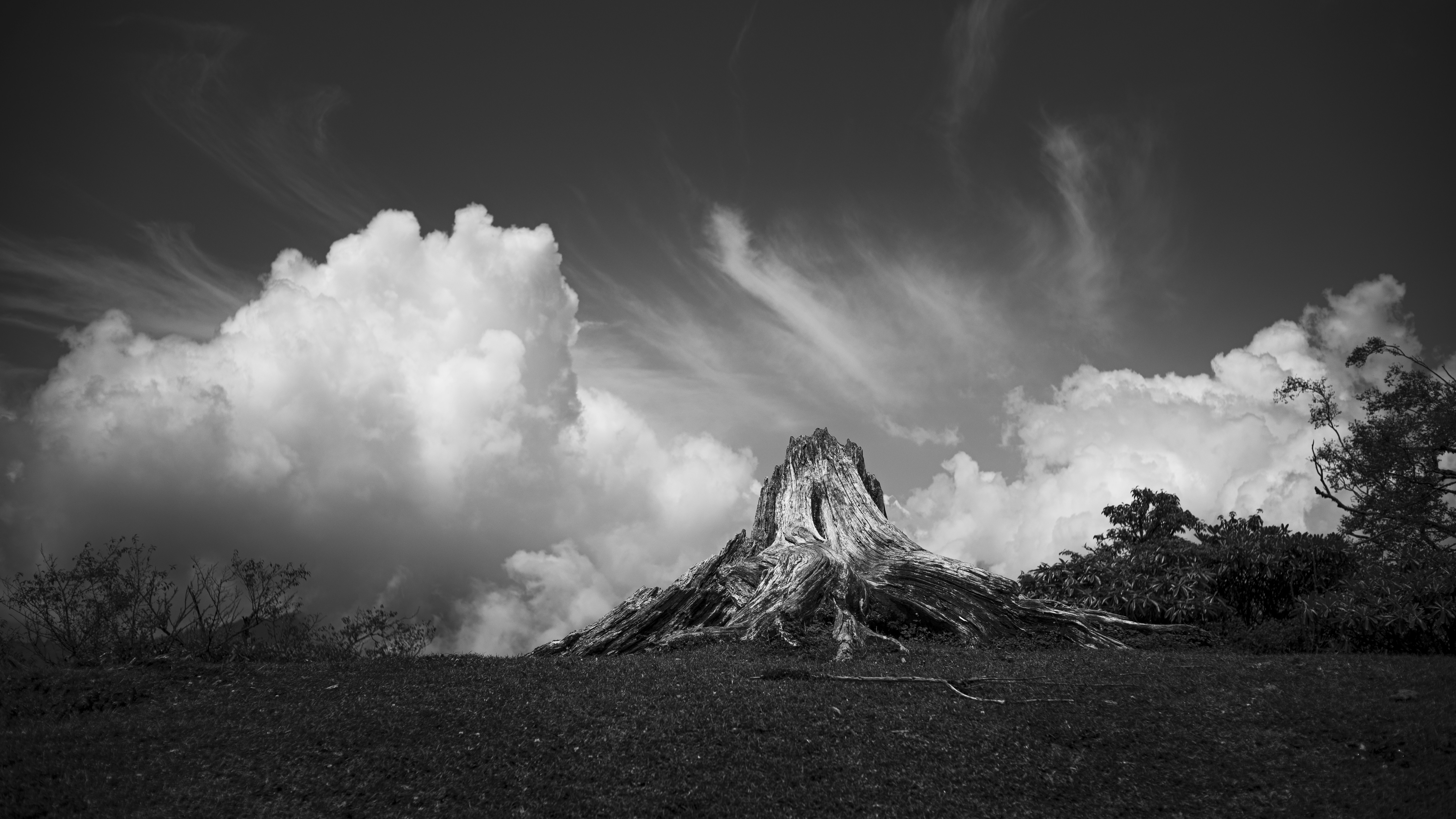 Uma foto em preto e branco de uma montanha