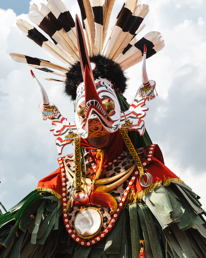 Elaborate feathered festival costume, evoking Maskanoo's Junkanoo-style street festival