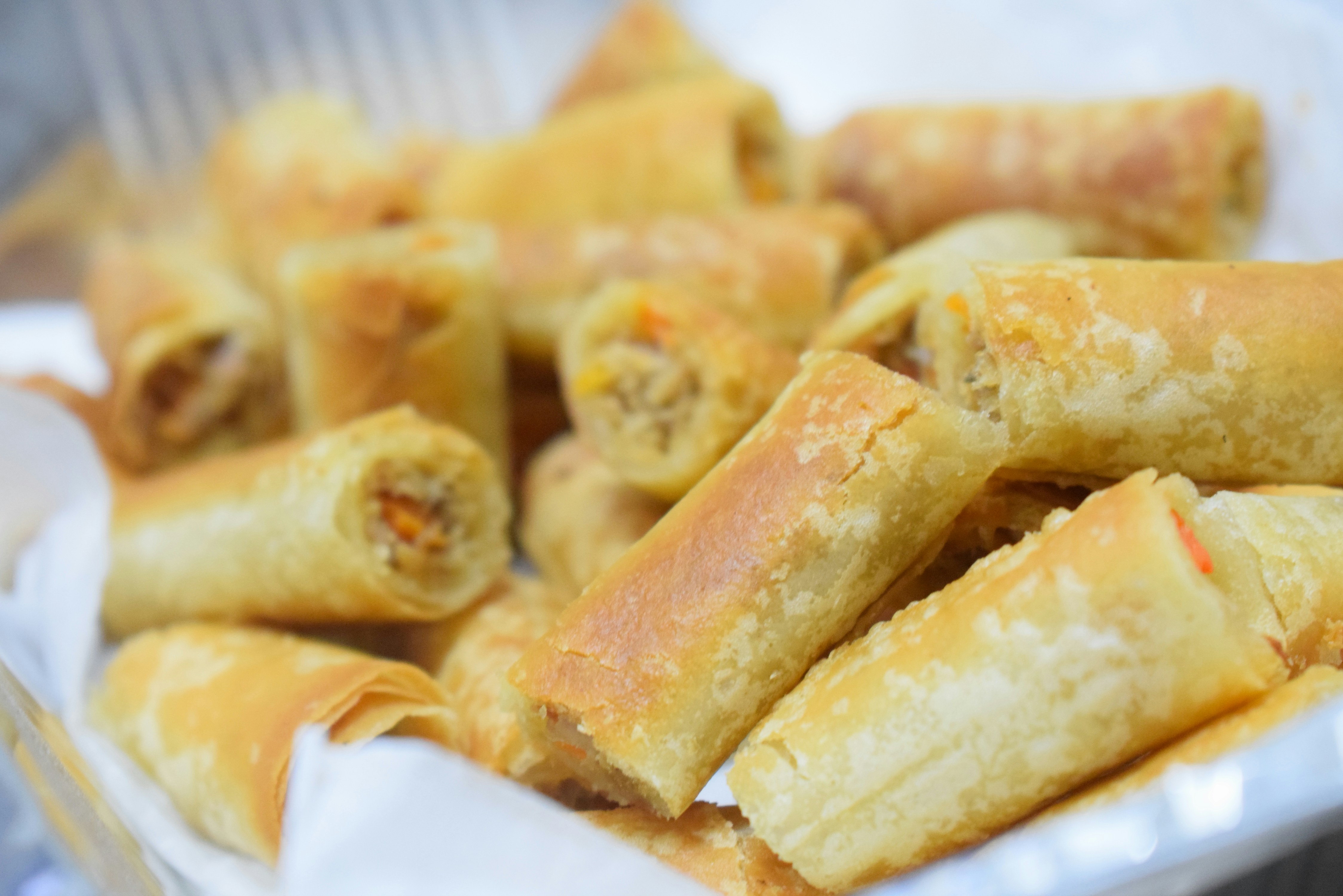 Close-up of crispy fried spring rolls