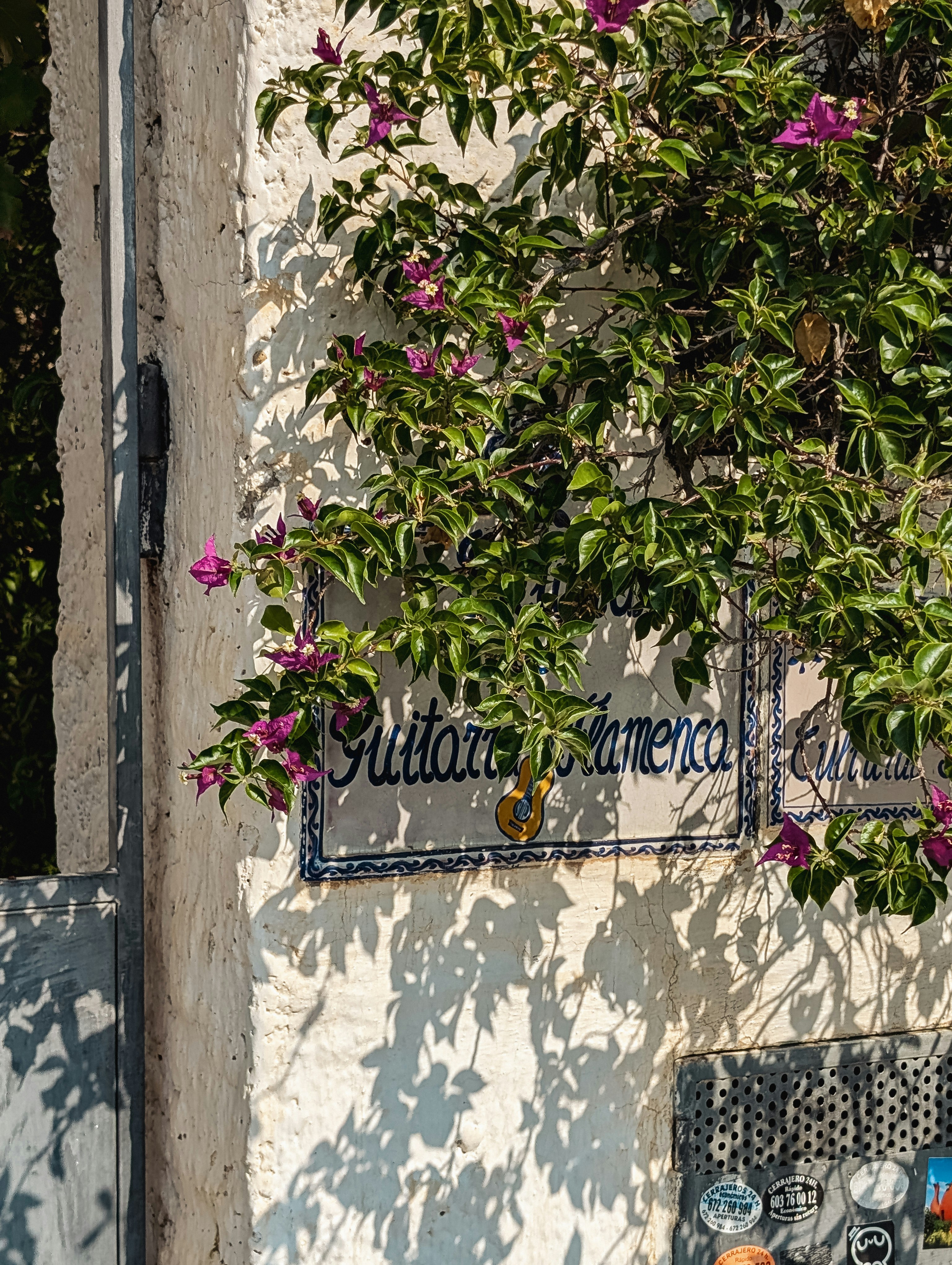A street sign on a building with flowers growing on it