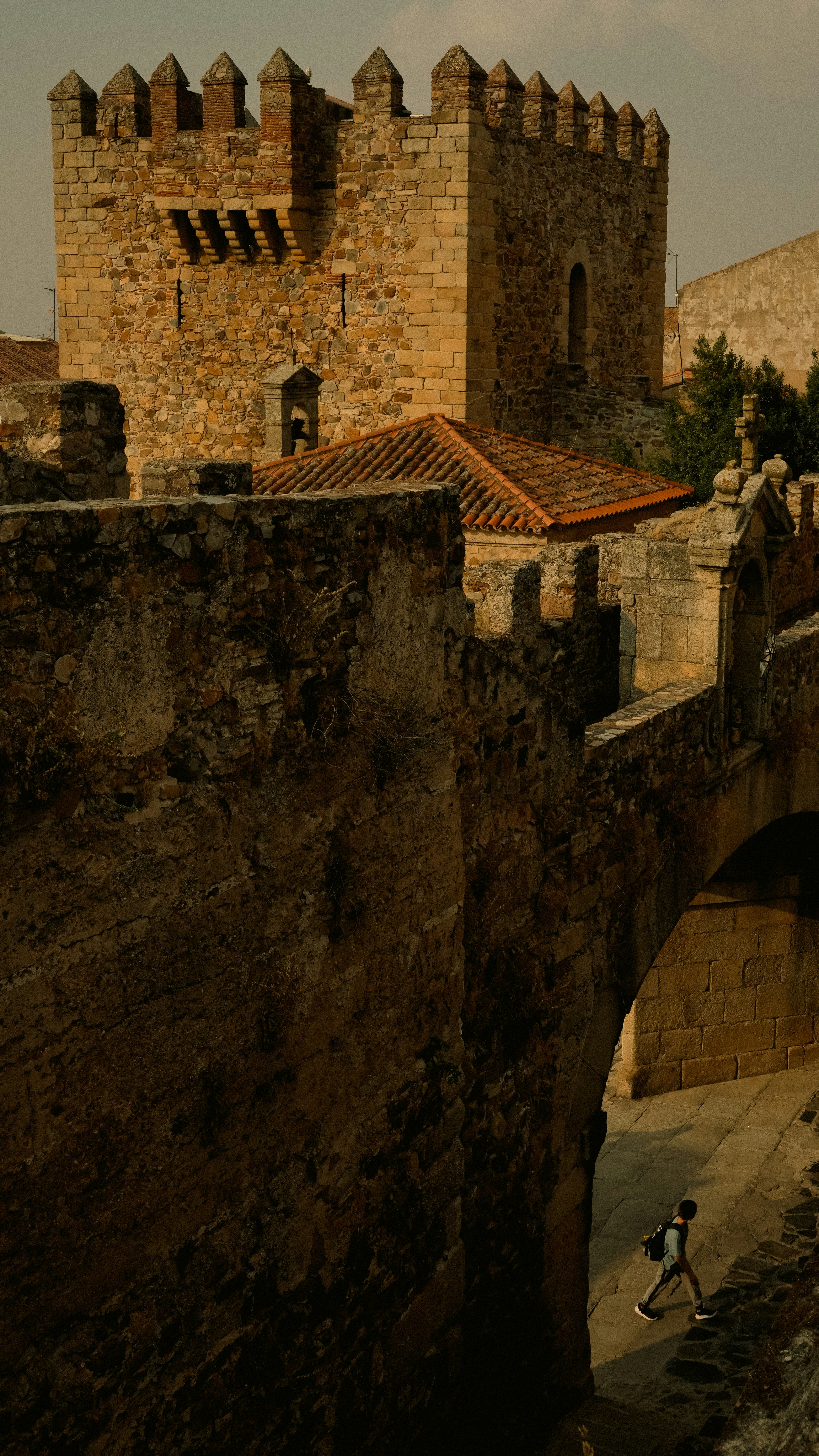 A person walking on a bridge over a river
