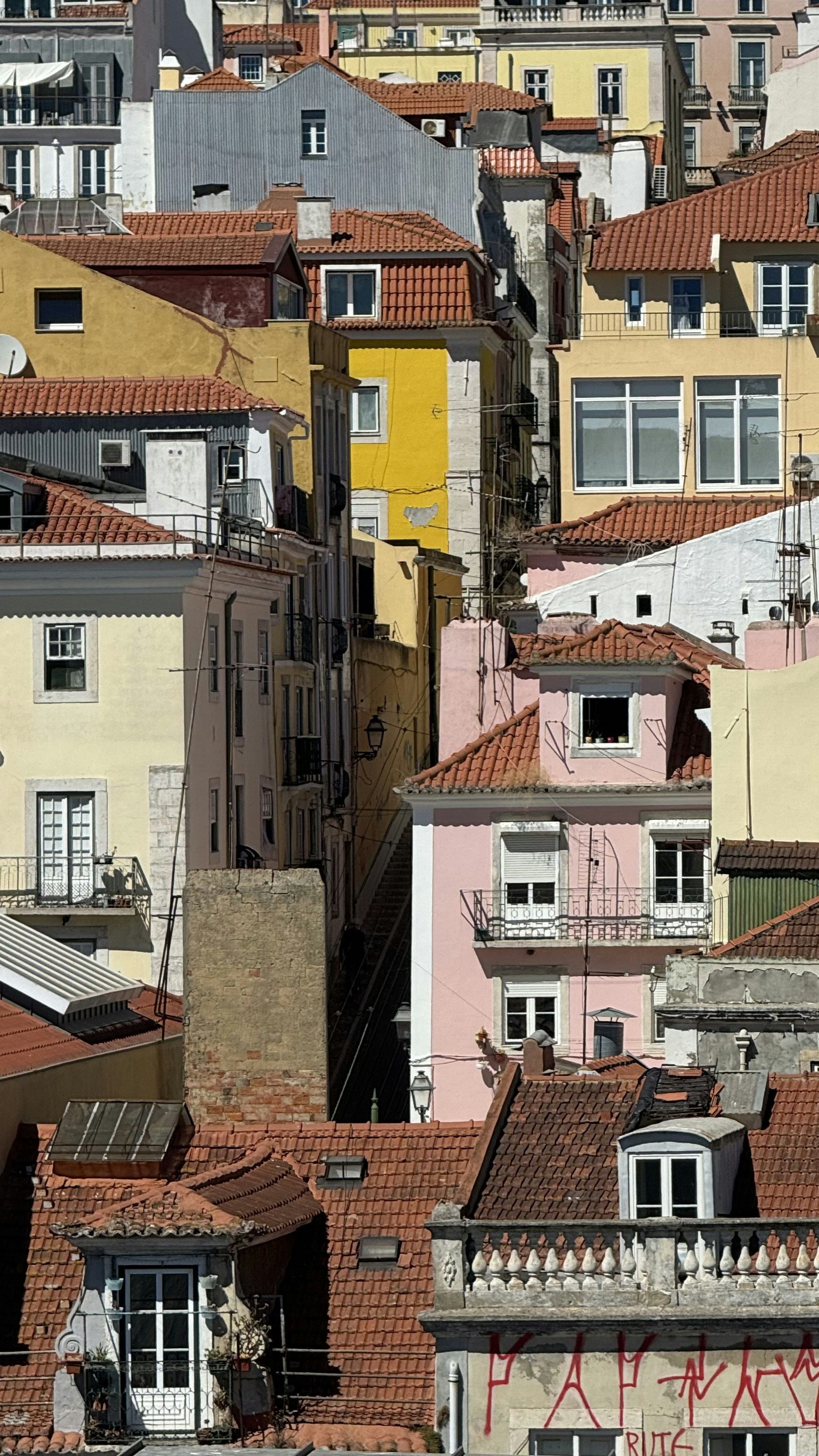 A group of buildings with red roofs and white windows