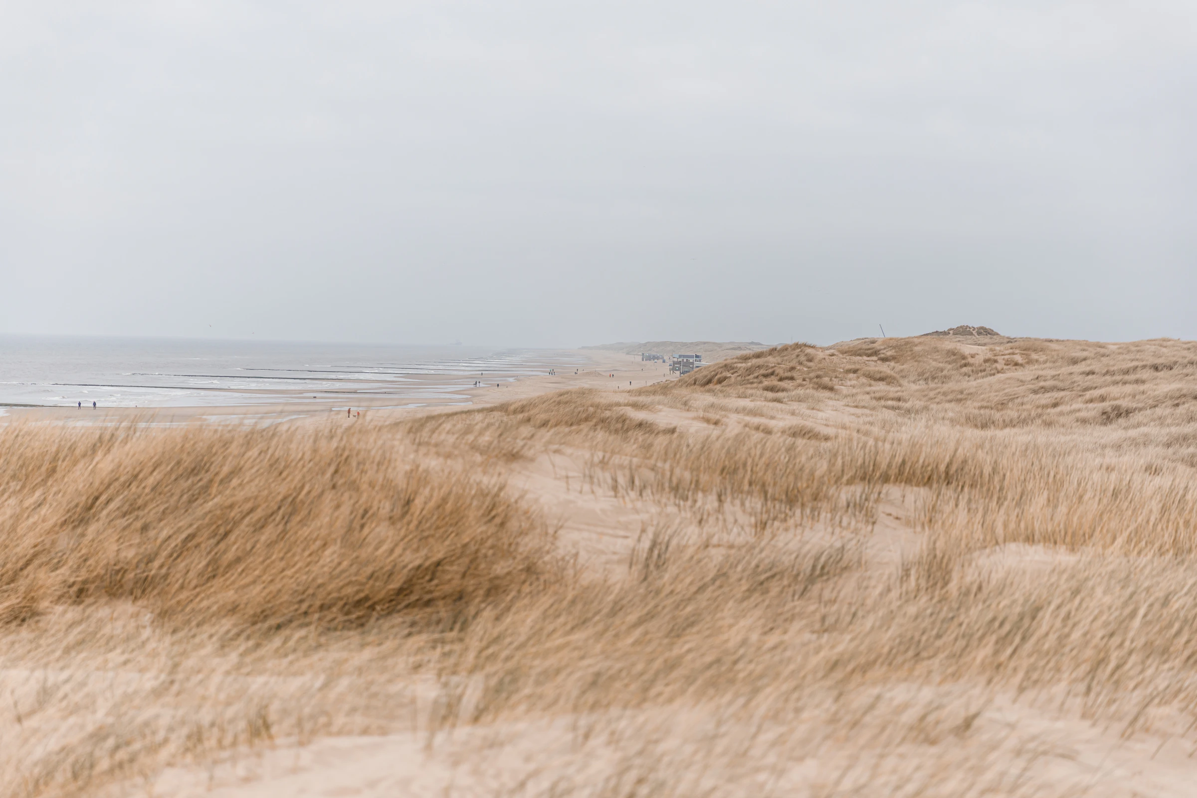 Pale dunes and marram grass under a wide grey-white sky on the Norfolk coast