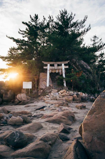 The sun is setting on a rocky beach