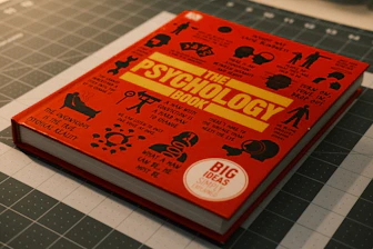 A red book sitting on top of a cutting board