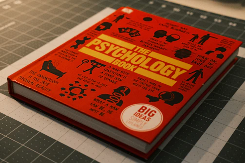 A red book sitting on top of a cutting board