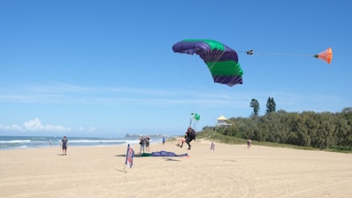 A group of people on a beach flying kites