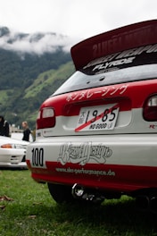 A red and white car parked on top of a lush green field