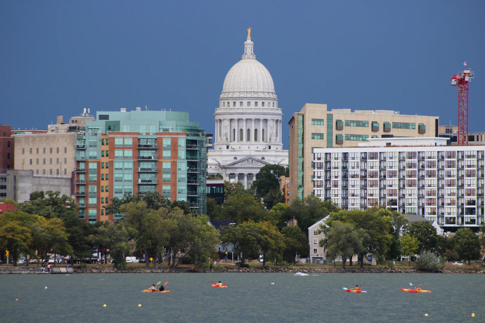 Wisconsin State Capitol seen across the lake in Madison