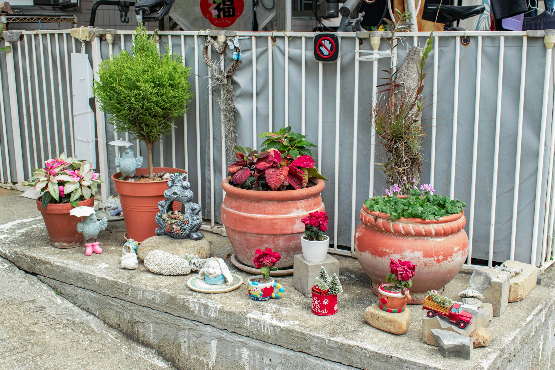 A bunch of potted plants sitting on a ledge