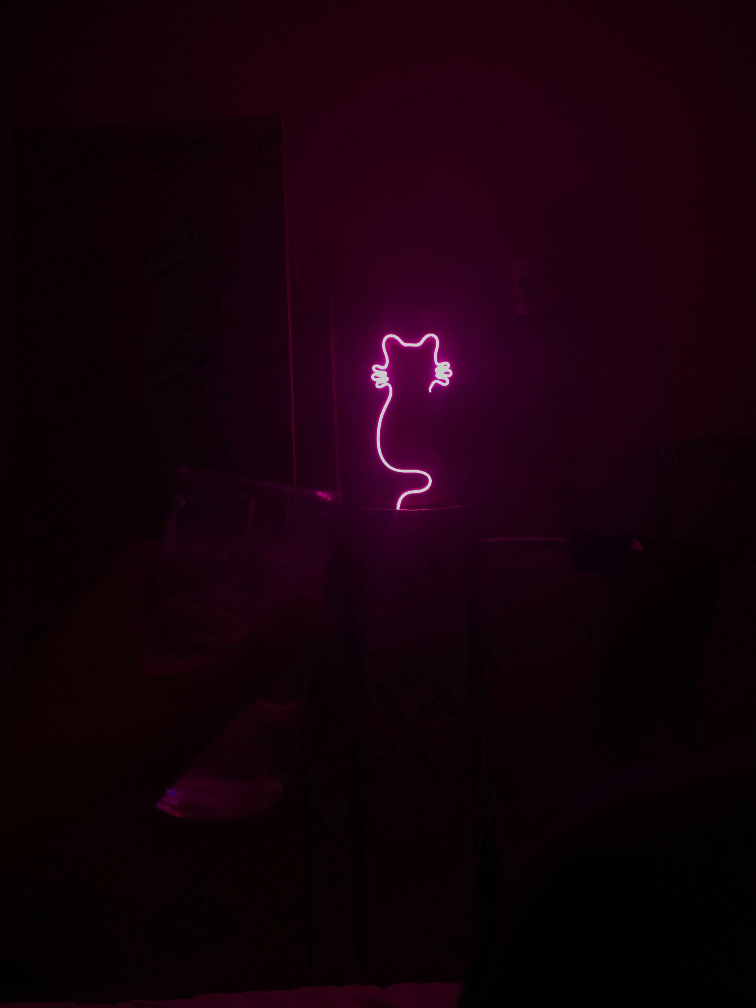 Vibrant pink neon bar sign glowing in dark atmospheric lounge, deep shadows, moody lighting