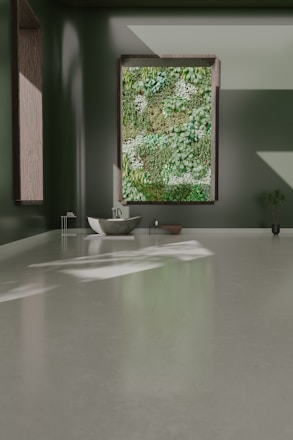 A bathroom with a large window and a sink