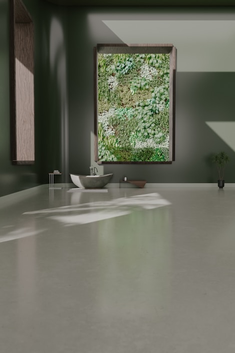 A bathroom with a large window and a sink