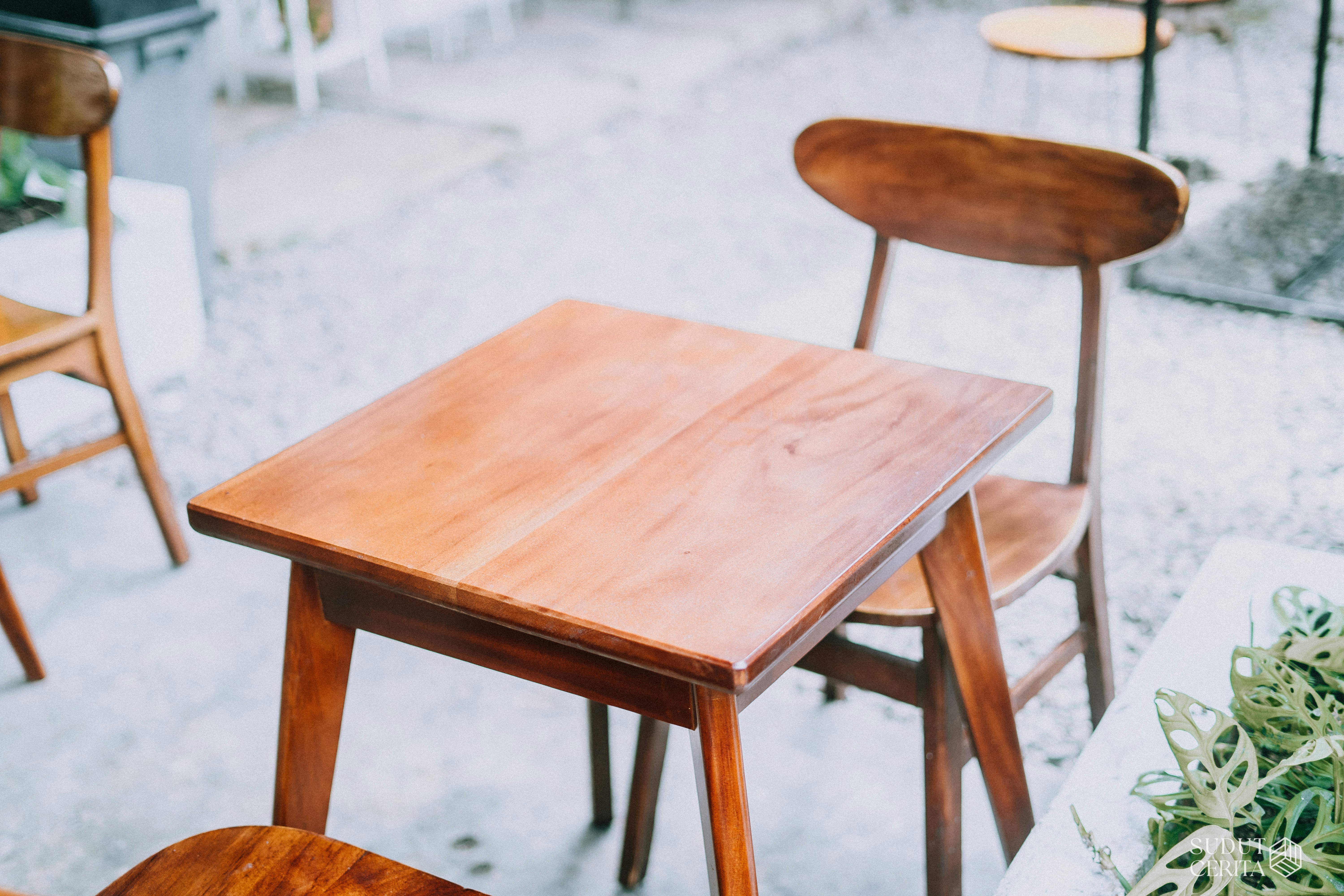 隣り合って座っている木製の椅子のグループ