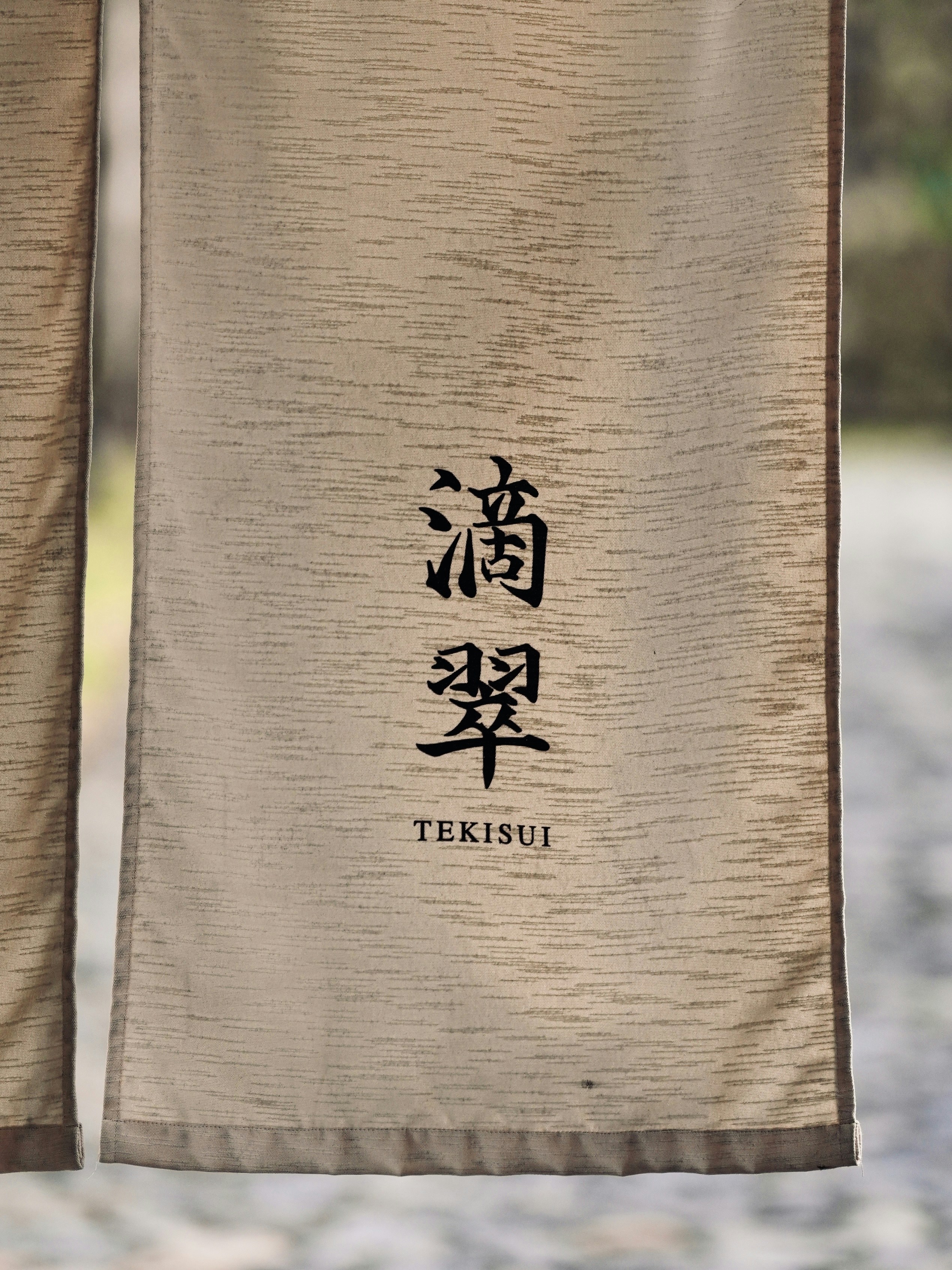 A couple of asian style banners hanging from a line