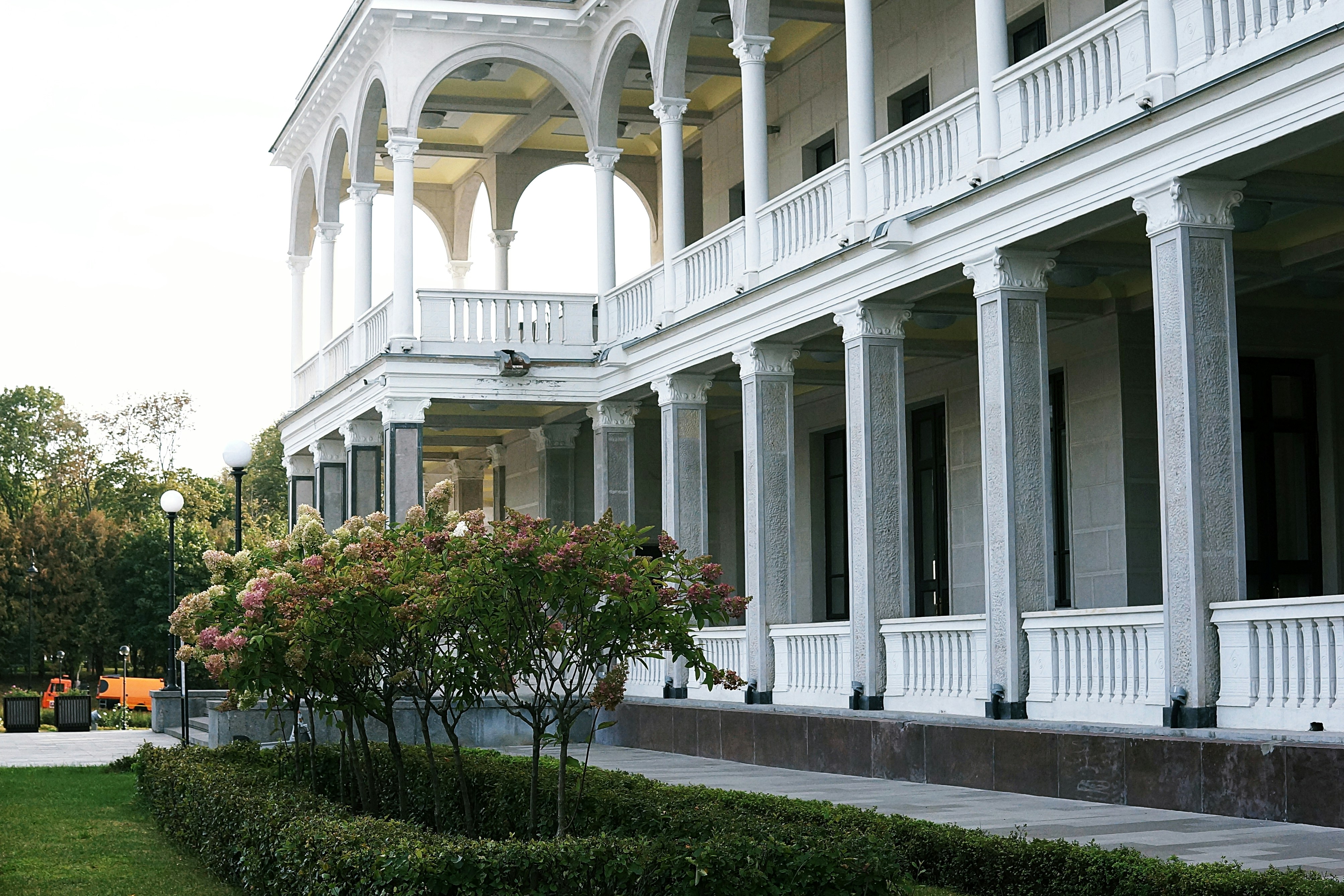 A large white building with columns and pillars, North River Station in Moscow. Moscow. Russia