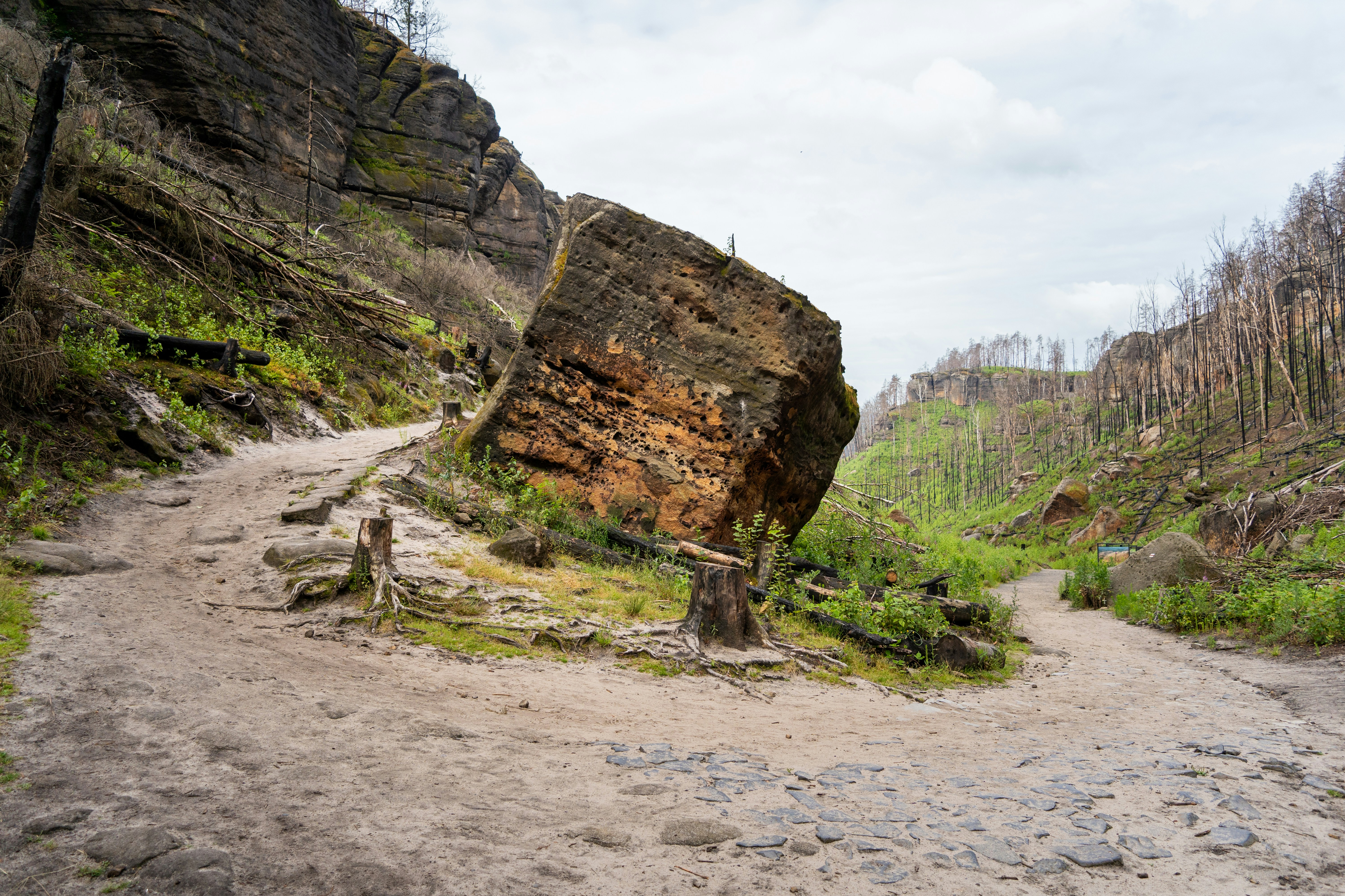 A dirt road with a rock outcropping on the side