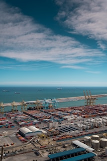 An aerial view of a port with a large body of water