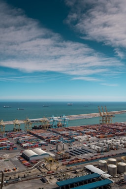 An aerial view of a port with a large body of water