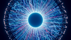 A close up of a blue eyeball in the dark