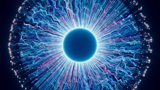 A close up of a blue eyeball in the dark