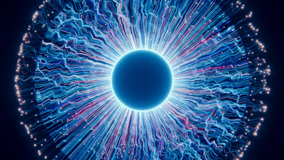 A close up of a blue eyeball in the dark