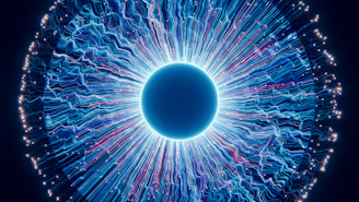 A close up of a blue eyeball in the dark