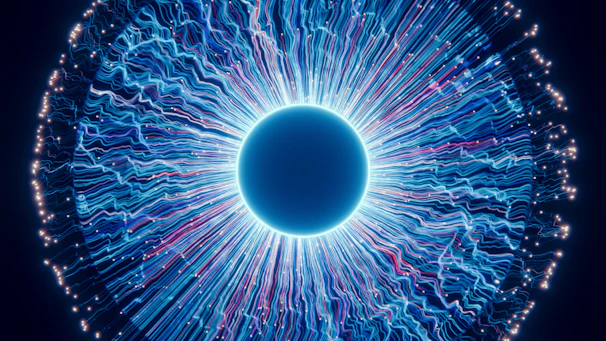 A close up of a blue eyeball in the dark