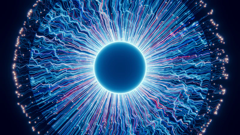 Glowing blue burst of light lines around a dark center
