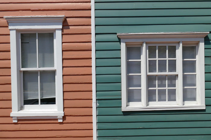 Two residential double-hung windows side by side on painted clapboard siding
